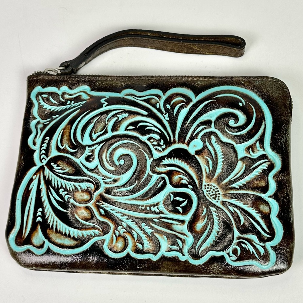 Patricia Nash Clutch / Wristlet Italian Leather Tooled Turquoise NWT